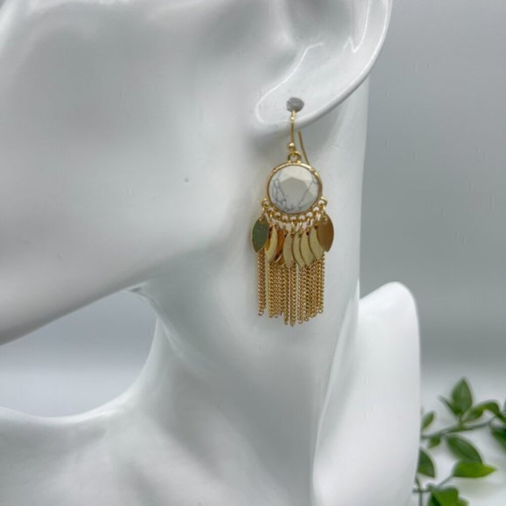 Gold Tone Boho Stone Chain Dangle Statement Earrings